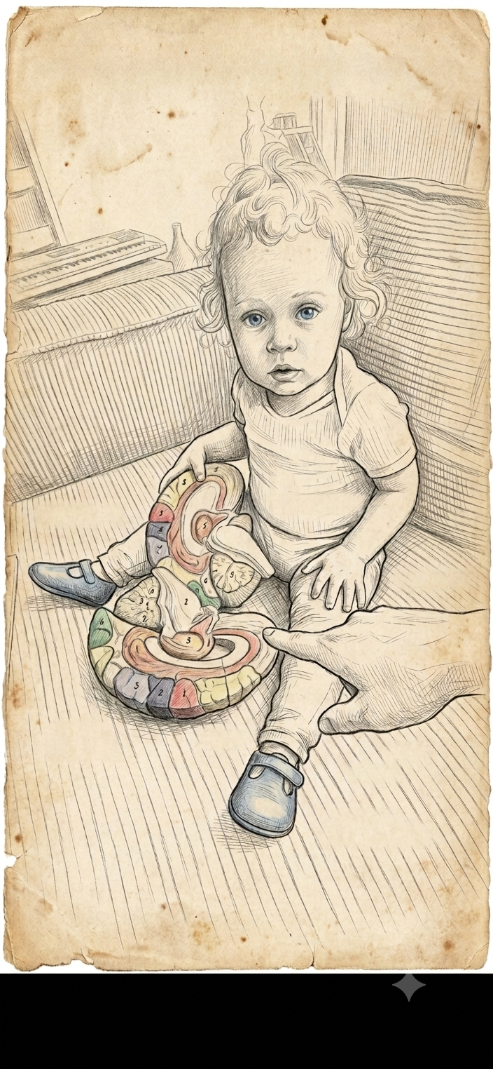 Potloodtekening van een kind met een anatomisch doorsnedemodel van de hersenen