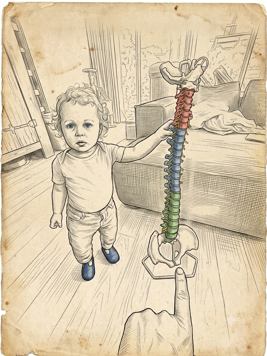 Potloodtekening van een kind dat een anatomisch wervelkolommodel vasthoudt